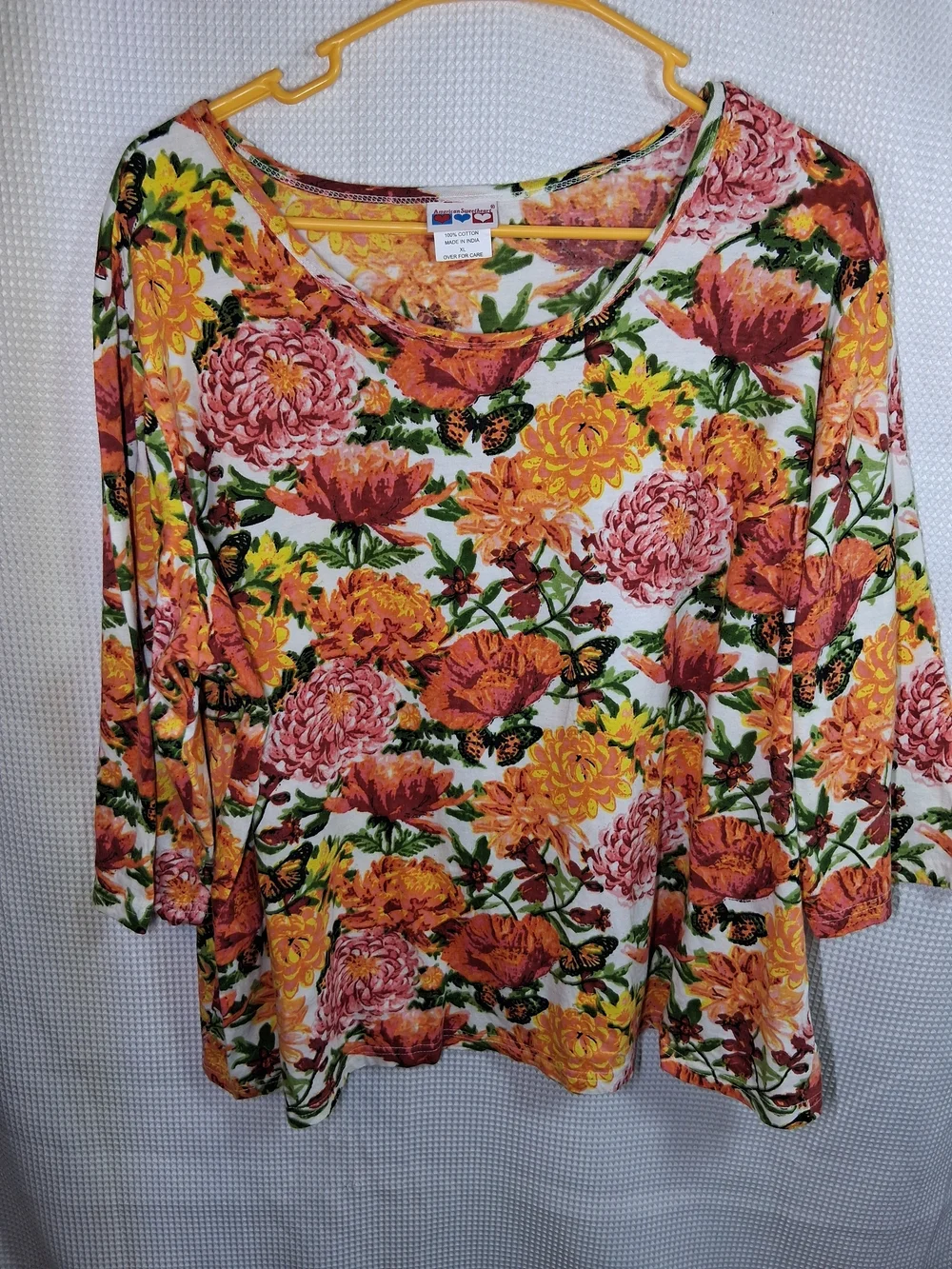 American Sweetheart Women's Cotton Floral Scoop Neck Top 3/4 Yellow & Orange